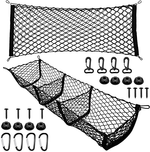 Tallew 2 Pcs Car Rear Cargo Net, Adjustable Elastic Mesh Cargo Net, 3 Pocket Heavy Duty Trunk Bed Storage Organizer, Universal for Car SUV Vehicle Pickup Truck with Accessories(43.3 x 15.7 Inches)