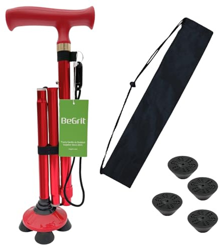 BeGrit Bastone da passeggio per anziani, pieghevole, in alluminio resistente, regolabile, con base quadrupla, impugnatura ergonomica, autoportante, pieghevole, aiuto per camminare, rosso, per donne