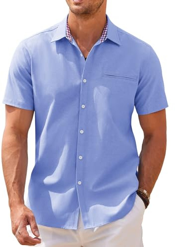 COOFANDY Camisas Manga Corta para Hombre Camisas Negocios Camisas Trabajo Formales Camisas Cambray Casual Camisas Color sólido Cielo Azul XL