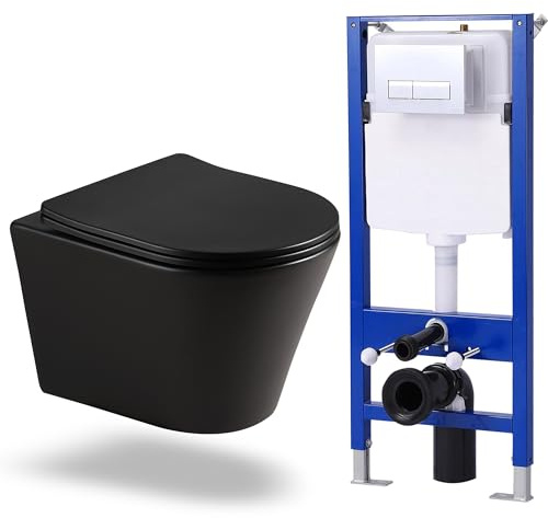 HOROW Juego completo de inodoro de pared con tapa de cierre suave, cisterna de cerámica negra + placa pulsador