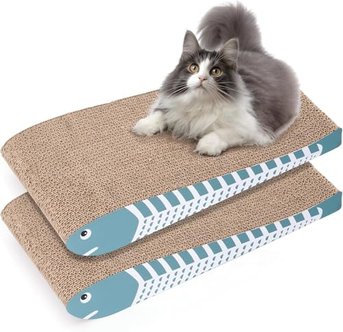 ComSaf Cat Scratching Board 2 Pack, Curved Scratcher Cardboard, Double-Sided Pad for Long Lasting Use, Cute Scratching Mat for Kitty (Blue)