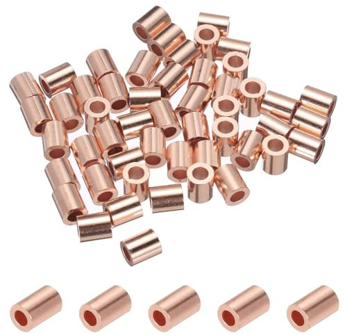 PATIKIL 2,5mm (3/32) Manicotti Arresto per Fune Metallico, 50 Pezzi Estremità del Manicotto ad Anello Crimpatura Rame Ghiera Crimpatrice per Cavi Metallici, Tono Oro