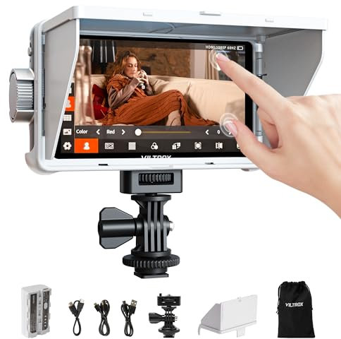 VILTROX DC-V1Moniteur de Terrain pour Appareil Photo, Moniteur d'appareil Photo Reflex numérique 5,5 Pouces avec Pare-Soleil et Batterie, 3D LUT HDR 4K HDMI entrée/Sortie 1920 x 1080 IPS Focus Assist