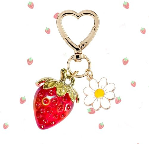 SJUIEO Süßer Erdbeer-Schlüsselanhänger, Taschenanhänger, Blumen- und Gänseblümchen-Schlüsselanhänger, Zubehör, Dekoration, Mädchen, roter Schlüsselbund, transparenter Schlüsselbund