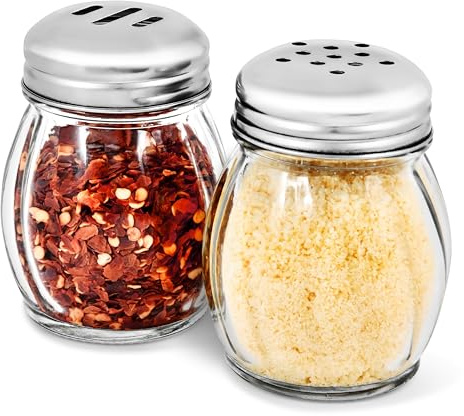 6-Ounces Glass Spices Shaker With Perforated Stainless Steel Top And Parmesan Cheese Shaker With Slotted Stainless Steel Top/Set of 2/Bulk Swirl Retro Style Dispensers With Lids/Salt & Pepper Shakers