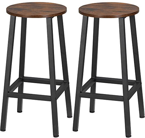 HOMCOM Juego de 2 Taburetes Altos de Cocina Altura 65 cm Taburetes de Bar Sillas de Bar con Patas de Acero y Reposapiés para Salón Comedor Bar Carga 75 kg Marrón Rústico y Negro