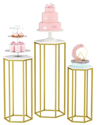 Urban Deco Cylinder Stands for Party, Set of 3 Gold Metal Hexagon Cake Pedestal Stand with Marbled Countertop, Flower Plant Pedestal Stands for Display Parties Wedding Birthday Decor, 3PCS, Gold