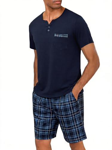 Bresdk Ensembles de Pyjama Homme Court Été Coton Manches Courtes avec Poche Poitrine Vêtements de Nuit Doux