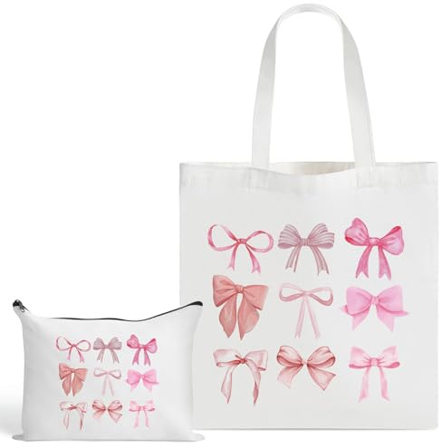 2 Pcs Pink Bows Canvas Tote Bag and Pink Bow Preppy Makeup Bag Set, Cute Coquette Makeup Bag, Reusable and Washable Canvas Grocery Shopping Bag for Women Girls Aesthetic Stuff