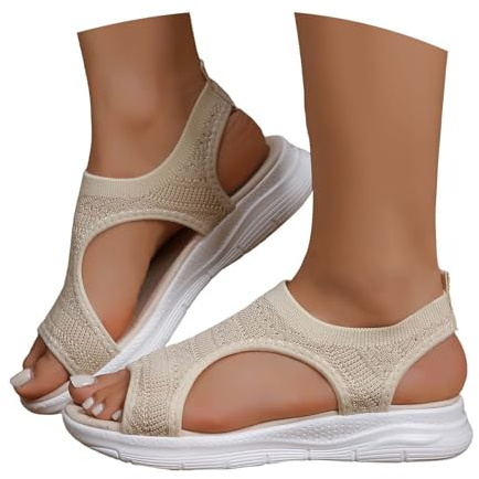 riou Sandales de sport orthopédiques pour femme avec bout ouvert et talon compensé lavable, beige, 35 EU