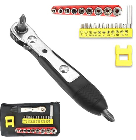23Pcs Mini Ratchet Screwdriver Set, Right Angle Screwdriver Short Offset Screwdrivers with Phillips, Flat, Torx, Hex, Square High Torque Reversible Mini Ratcheting Ratchet Screwdrivers