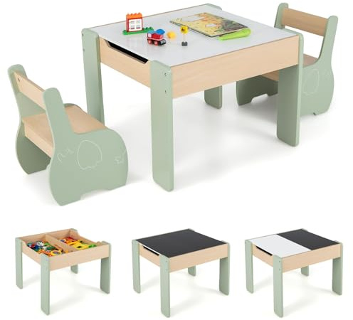 RELAX4LIFE 3 in 1 Tavolino Bambini, Set Tavolo per Bambini e 2 Sedie in Legno, Tavolino Legno con Piano a Doppia Faccia (Lavagna Bianco/Nero) per Giocare, Disegnare e Conservare, per Cameretta (Verde)