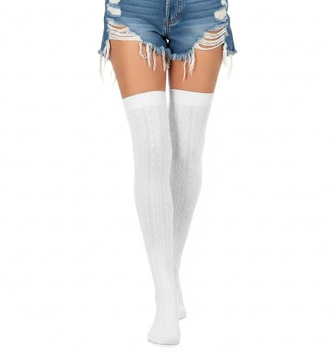 ValueBargain White Thigh High Socks, 1 Pair Cable Knit Cotton Over the Knee Womens Long White Socks, Fluffy & Warm Perfect for Winter Boot, Women’s Fashion Long Knee-High Boot Stocking