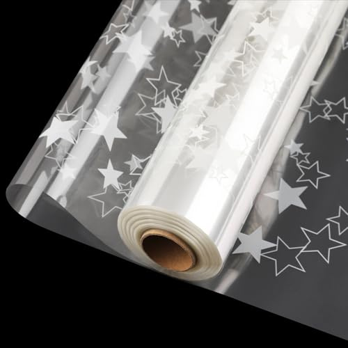 86 cm x 20 m cellofanfolie rulle transparent stjärnmönster presentfolie blomfolie slitstark förpackningsfolie vattentät för bukett presentkorg jul bröllop blomster vita stjärnor