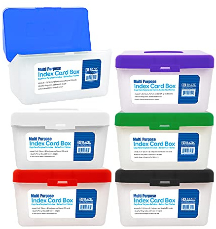 BAZIC PRODUCTS Index Card Box 3x5, Plastic Storage Case Holds 250 Cards, Multipurpose Index Card Holder Organizer for Flash Cards, Notes, Office & School Use, Semi-Clear, Assorted Colors, 6-Pack