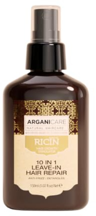 ARGANICARE Spray réparateur 10-en-1 sans rinçage 150 ml – Huile de ricin bio & argan – Démêlant anti-frisottis, protection thermique, hydratation légère, douceur & brillance – Tous types de cheveux