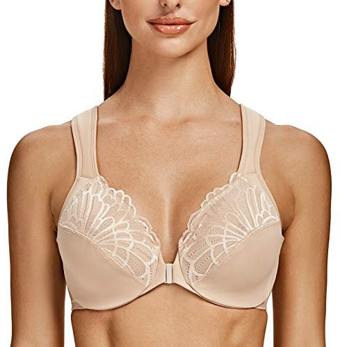 MELENECA Front Fastening Bras for Women Plus Size Underwire Unlined Lace Cup Cushion Strap Pale Nude 38G