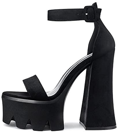 Castamere Damen Sandalen Peep-Toes Ankle-Strap mit Plattform Blockabsatz 15CM High Heels Schwarz Wildleder Schuhe EU35