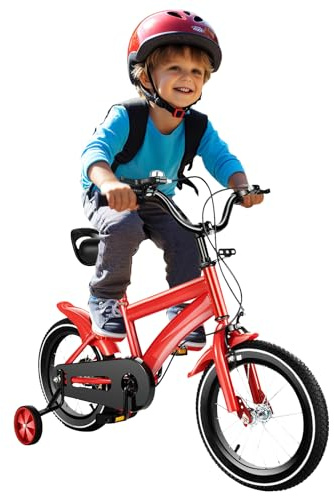 LENJKYYO Vélo pour Enfant de 3 à 6 Ans Avec Roues Stabilisatrices, Sportif en Plein Air, Sûr, Rouge, Hauteur Réglable (95-135 cm)