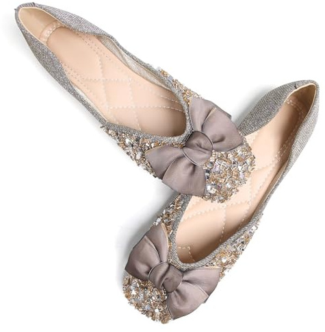 SAILING LU Cute Bow Ballet Shoes for Women Pointed Crystal Comfortable Lightweight Loafers
