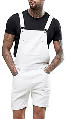 Oanviso Pantalones Cortos Vaquero Hombre Mono Moda Casual Pantalones de Mezclilla Mono de Lavado Pantalones Cortos Rasgados Monos Vaqueros de Mono Multibolsillo Pantalón de Tirantes F Blanco M