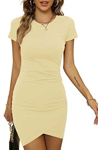 Laughido Femme Robe Moulante T-Shirt À Manches Courtes Mini Robe De Cocktail Froncé D'Été Chic