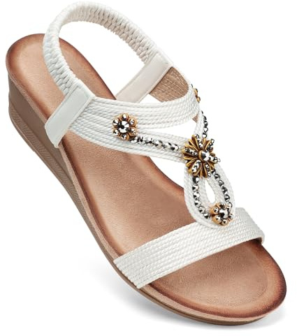 SHIBEVER White Wedge Sandals Women Comfortable Rhinestone Ladies Sandals Dressy Arch Support Low Heel Flower Shoes Summer Size 8.5