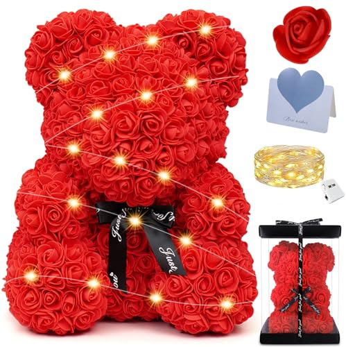 POWZOO Orso Rosa,Orsacchiotto Altezza 25 cm,Orsetto di Rose con Confezione Regalo e luci,Cute Flower Bear-Regali Unici per la Festa della Mamma,Anniversario.(Rosso)