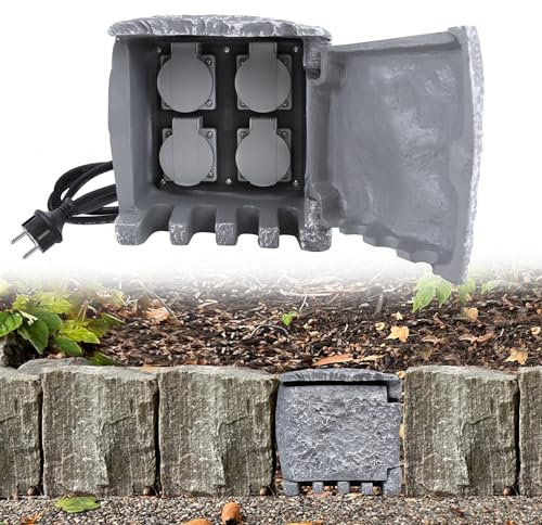 HENGMEI Presa da giardino, effetto pietra, 4 prese con contatto di protezione, IP44, impermeabile, con picchetto (1,5 m)