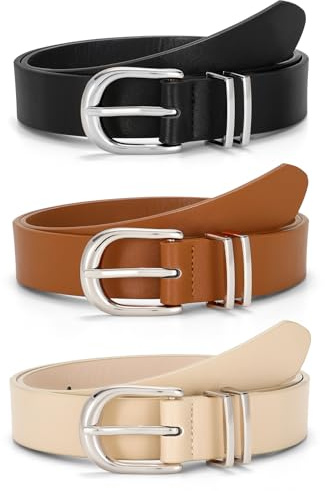 JASGOOD 3 Pack Women Belts For Jeans Dresses Pants Ladies Faux Leather Waist Belt with Silver Buckle(Black+Brown+Beige Silver Buckle)