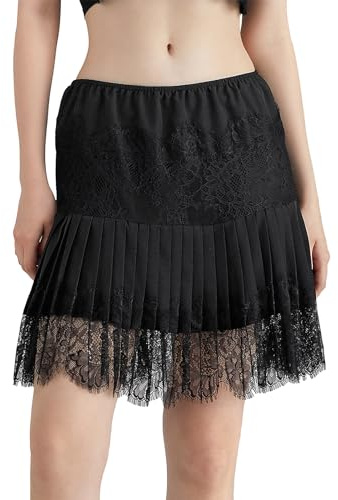 Ahafeni Women Lace Half Slip Skirt Y2k Ruffle Midi Rise Underskirt Ladies Layered Pleated Flowy Mini Skirt (Black, L)