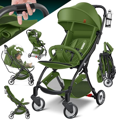 KIDIZ® Kinderwagen Premium Kinderbuggy klappbar Liegebuggy Sportwagen Faltbar 360°Räder 5-Punkt Gurt Inkl. Getränkehalter & Regenabdeckung, verstellbare Rückenlehne & Sonnenverdeck Khaki