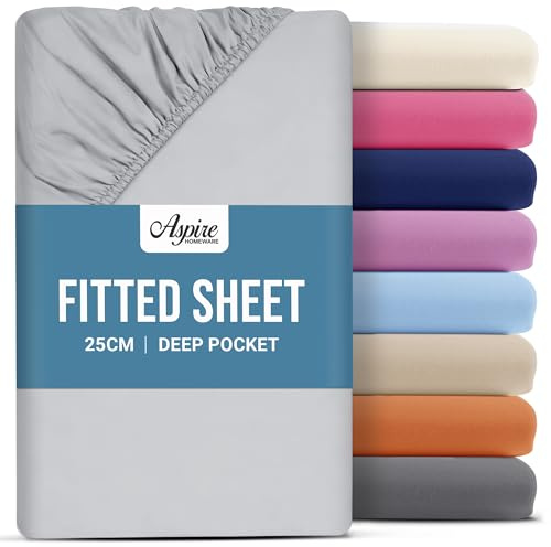 Aspire Homeware Double Fitted Sheet - 25 cm Deep Hotel Quality (Silver) Bed Sheets - Soft & Breathable Fitted Bed Sheets Double - Anti-Wrinkle Easy Care Fitted Sheets