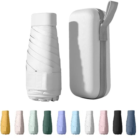 Mini Reise-Regenschirm, 6 Rippen, Kleiner UV-Faltbar Mit Kapselbox, Reisewasser- Und Winddicht Für Männer Und Frauen (Treibsand Weiß)