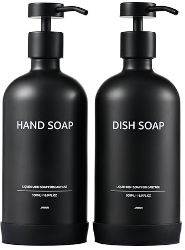 500 ml handtvålsdispenser glas, tvåldispenser i glas med pump | Svart, med halkfri silikonskyddskudde, lämplig för kökshandtvål och diskmedel