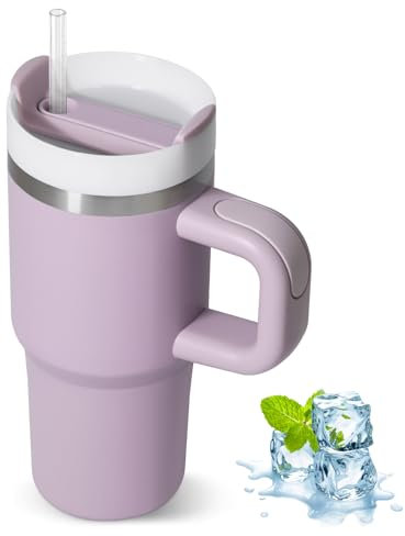 ZAKVOP Taza Termo cafe para Llevar, Taza Termica 410ml con Tapa y Pajitas, Vaso Termico con Asa, Tumbler para Frío y Caliente, Travel Mug (Violeta Claro)