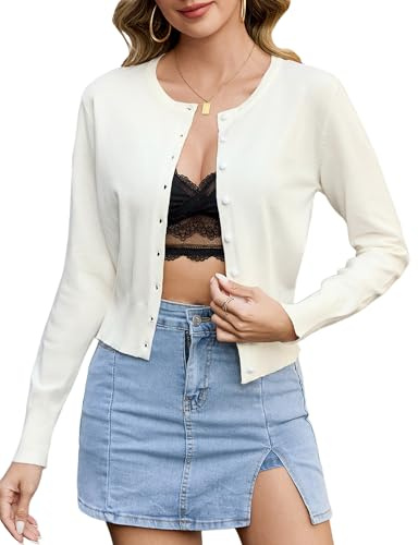 Aottori Women's Cardigans Button Down Knit Cardigan Sweater Ladies Long Sleeve Crew Neck Short Bolero Shrugs for Dresses White L