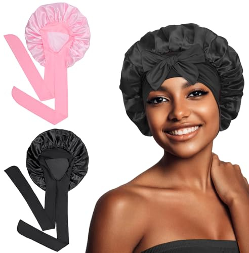 Euqvunn 2Pièces Bonnet Satin Cheveux Nuit, Bonnet en Satin avec 6.2×63 cm Une Bande de Fixation Large, Bonnet de Nuit Femme Adapté pour Protection Cheveux Longs/Raides/Bouclés (Noir Rose)
