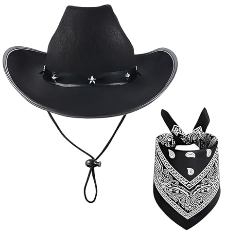 MYKAGS Cowboy Hats for Women and Men with Pull-On Closure, Cowboy Cowgirl Costume Accessories Set, Western Cowboy Hat with Bandanas for Party, Costume Party Perfect Cowboy for Adults (Black)