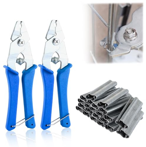 Oungy Pack of 2 Sausage Clipper Pliers, Fence Pliers with 1200 Clips, Hog Ring Pliers, Garden Fence Pliers with Plastic Handle, Fence Ring Clips, Professional Clamping Tool for Car Cushions, Sofas
