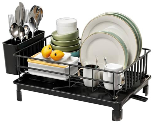 VNNOPG Dish Drainer Rack with Utensil Holder Kitchen Counter Space Saving Dish Racks Draining Board Rack,Black