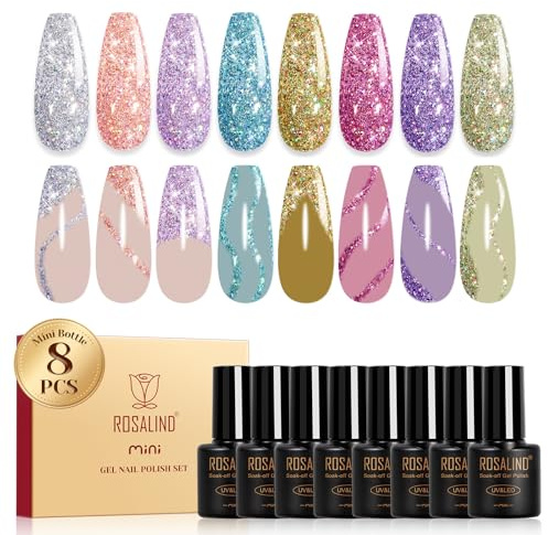 ROSALIND UV Nagellack Glitzer, 8 Farben Rosa Blau Silber Gold Violett Glitzer Gel Nagellack, Soak-Off Mini UV Farbgel Gelnägel für Nail Art Design Gel Nail Polish Maniküre Geschenk
