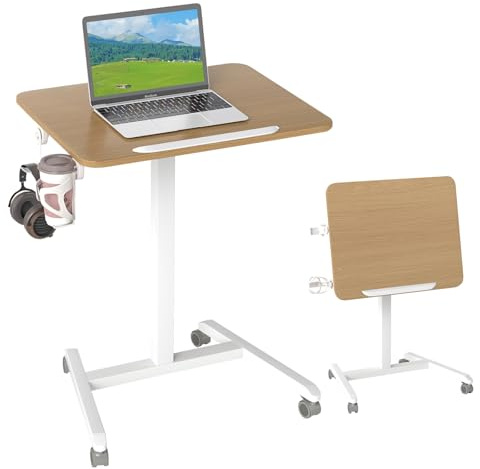 COSTWAY Sidobord höjdjusterbart med hjul, ståbord med 90° lutbar bordsskiva, krok och kopphållare, ståbord, laptopbord för vardagsrum, sovrum