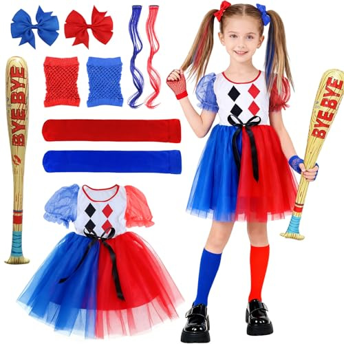 Quinn Costume da Bambini, Carnevale Costume Cosplay fur Kinder, Forcina per Capelli a Fiocco Parrucca Bastone Gonfiabile Guanti Vestito Cosplay Costumi per Halloween Carnevale Feste (Rosso Blu, S)