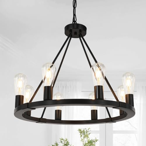 LOCLGPM 8 Lights 23.6 Black Wagon Wheel Chandelier Farmhouse, Metal Round Industrial Rustic Vintage Kitchen Island Pendant Light for Living Room Kitchen Dining Room Foyer Entryway