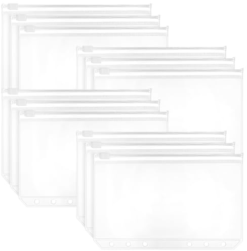 12PCS A6 Zipper Binder Pockets, Clear Plastic Zipper Pouch Folders for Budgeting, Money Folder Organizer, 6-Ring Binder Inserts for Cash Stuffing and Savings Challenges