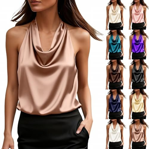 Going Out Cami Toppar för kvinnor Uk, kvinnors satin kåpa hals linne - enfärgade linnen släta mjuka kontor arbetslinnen enkla rygglösa västar för fest elegant halterneck väst topp