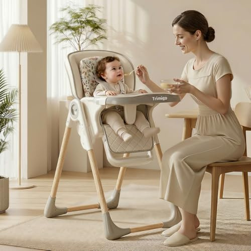Trimigo Chaise Haute Bébé Évolutive 0-3 Ans, Pliable, 7 Positions Hauteur, 3 Réglages Plateau, Dossier Inclinable 4 Positions, Plateau double couche amovible, Assise en Similicuir (Blanc crème)