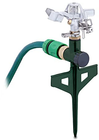 Relaxdays Pulsationssprenger, Gartenbewässerung, 360° Sektorenregner, 14 m Reichweite, Rasensprenger, dunkelgrün/Silber