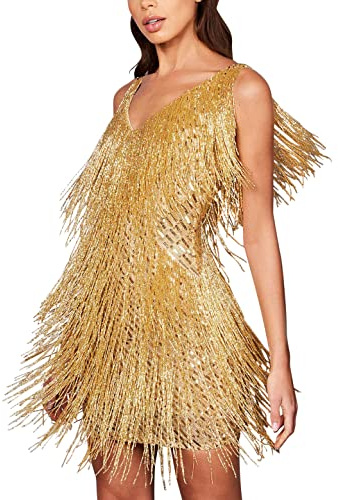 Sequin Cocktail Dresses Flapper Dresses 1920s Gatsby with All-Over Fringe Mini Dresses Prom Party Dress(Gold,XL)